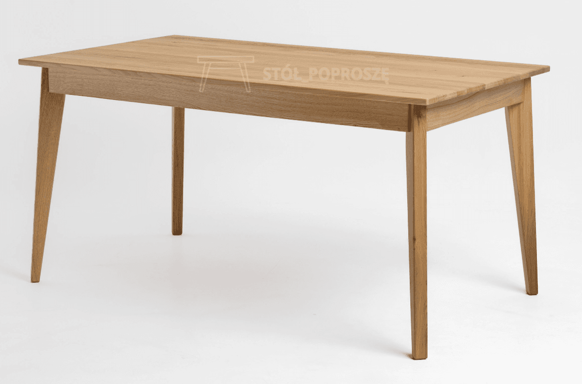 A rectangular dining table crafted from light-colored solid wood, likely oak, featuring a minimalist Scandinavian design. The tabletop is smooth and has visible wood grain, supported by a subtle apron. Four splayed and tapered legs provide stability and contribute to its modern aesthetic. — 3D model