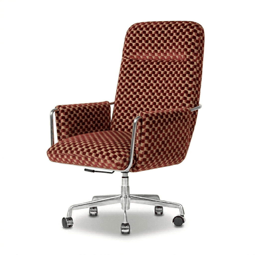 A mid-century modern style office chair with a high back, upholstered in a textured fabric featuring a repeating geometric pattern. The chair has integrated armrests and is supported by a polished metal five-star base with casters, allowing for swivel and mobility. The base includes a height adjustment mechanism. — 3D model