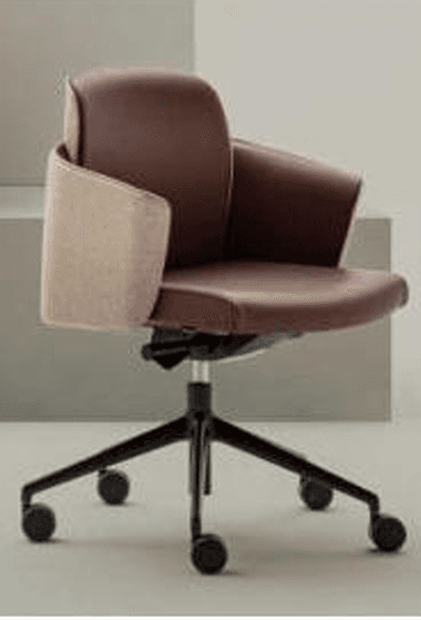 A contemporary swivel office chair featuring a two-tone upholstered design. The seat, inner back, and integrated armrests are covered in a rich brown material, while the outer back and armrests are upholstered in a contrasting light beige fabric. The chair sits on a five-star black metal base with casters for mobility and has a gas lift for height adjustment. — 3D model