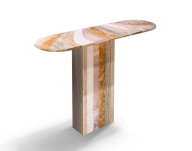 A modern console table with a unique, layered construction. The tabletop is elongated with rounded ends, supported by a single, rectangular pedestal base. The materials are layered vertically within the base and horizontally across the tabletop, creating a striking visual effect. — 3D model