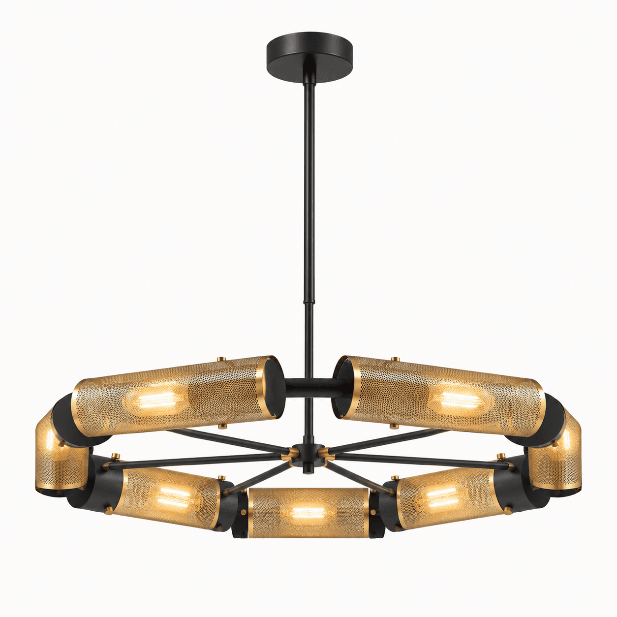 A modern chandelier featuring a matte black metal frame arranged in a hexagonal or octagonal shape, suspended from a single downrod. Each segment of the frame holds a cylindrical shade made of perforated golden metal, encasing an exposed filament-style light bulb. The design combines contemporary aesthetics with an industrial touch. — 3D model