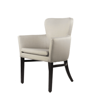The image displays a technical drawing with dimensions of an upholstered armchair. The chair features a barrel-shaped backrest, integrated armrests, and a separate seat cushion. It is supported by four dark-finished, tapered wooden legs, with the rear legs showing a slight outward flare. The drawing includes various measurements for height, width, and depth. — 3D model