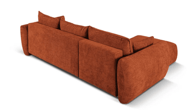 An L-shaped sectional sofa upholstered in a textured, burnt orange or terracotta fabric, featuring an integrated chaise lounge on the left side. The design includes plush, loose back cushions and small accent pillows, complemented by subtly curved, integrated track arms. — 3D model