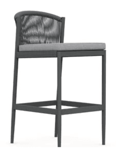 A modern outdoor bar stool featuring a dark gray aluminum frame, a backrest with vertical woven rope detailing, and a light gray upholstered seat cushion with an integrated footrest. — 3D model