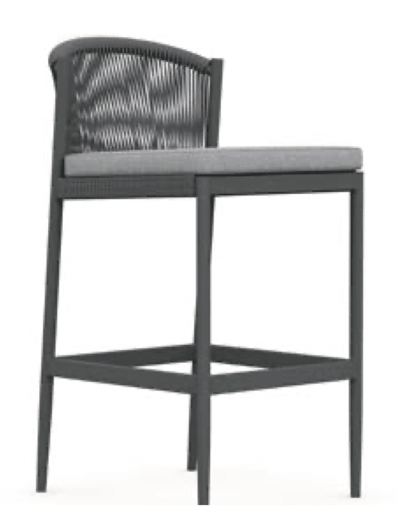 A modern outdoor bar stool featuring a dark gray aluminum frame, a backrest with vertical woven rope detailing, and a light gray upholstered seat cushion with an integrated footrest. — 3D model