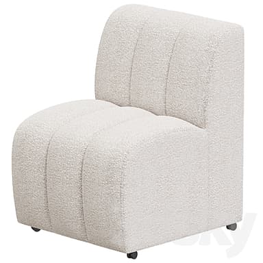 An off-white, armless modular chair upholstered in a textured bouclé fabric. The seat and backrest feature distinctive vertical channel tufting. The chair has a rounded, contemporary profile and is equipped with small casters on its base for mobility. — 3D model