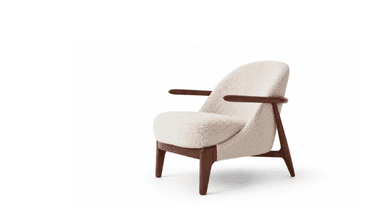 A contemporary lounge chair featuring a sturdy dark wood frame and plush, off-white boucle upholstery. The design incorporates a rounded backrest and integrated armrests, providing a comfortable and enveloping seating experience. The wooden frame includes elegantly tapered legs, contributing to its modern aesthetic. The chair is presented against a clean white background, highlighting its form and texture. — 3D model