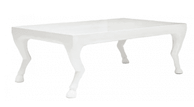 A white rectangular coffee table featuring four legs sculpted to resemble animal legs with hooves, exhibiting a distinctive and whimsical design with a high-gloss finish. — 3D model
