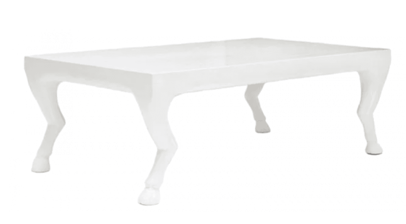 A white rectangular coffee table featuring four legs sculpted to resemble animal legs with hooves, exhibiting a distinctive and whimsical design with a high-gloss finish. — 3D model