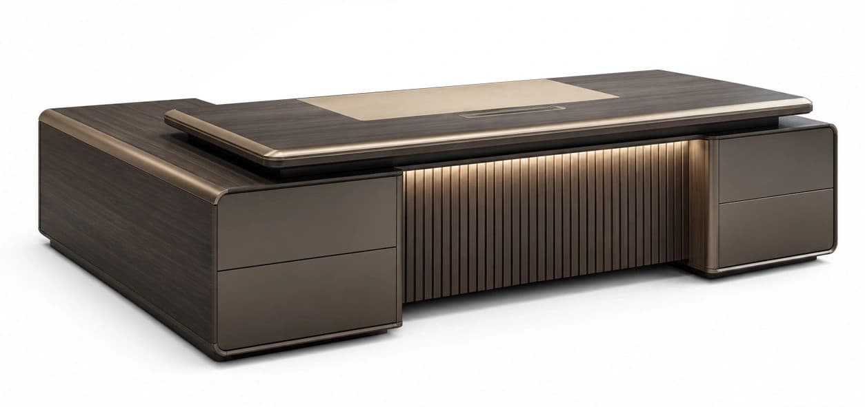 A modern executive desk featuring a dark wood veneer finish, accented with bronze-toned metallic trim around the desktop and storage units. The desktop appears to float above a central slatted panel that is backlit with warm LED lighting. Integrated storage pedestals on either side have flush, handle-less drawers, and the desk surface includes a lighter-colored inset pad and a recessed power/data module. — 3D model