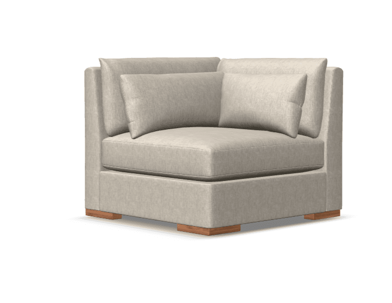 A modular corner armchair with a low-profile design, featuring deep seating and plush back cushions. The armchair is upholstered in a light-colored, textured fabric and rests on short, square wooden feet. — 3D model