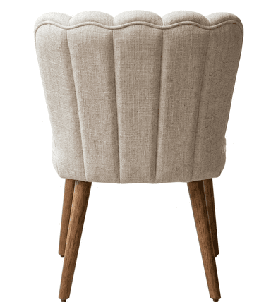 A cream-colored accent chair with a high, fan-shaped backrest featuring vertical channel tufting. The chair has four tapered wooden legs in a dark brown finish. — 3D model