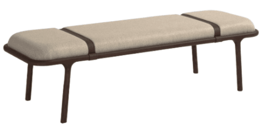 An elongated modern bench featuring a dark wood frame with three distinct light-colored upholstered segments. The frame wraps around the edges of the cushions and extends to form four slender, tapered legs. — 3D model