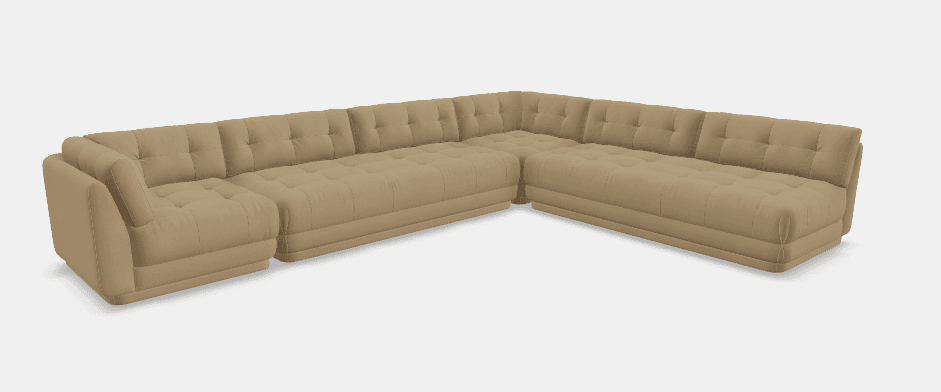A tufted sectional sofa with a light brown fabric upholstery. The sofa features a chaise lounge component and a corner section, configured in an L-shape. The tufting pattern is square across the seat and back cushions, and the armrests are rounded and padded. The base of the sofa is a simple, flat platform. — 3D model
