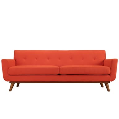 The image displays the rear and partial side view of an upholstered sofa featuring a vibrant orange fabric. It is supported by an exposed dark wooden frame and splayed, tapered wooden legs, indicative of a mid-century modern design style. The upholstery exhibits a subtle woven texture. — 3D model