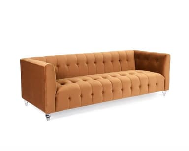 A three-seater sofa with a tufted upholstery design. The sofa features a straight back and arms, with a continuous tufted pattern running along both the back and seat cushions. It is supported by four transparent, possibly acrylic or glass, legs with a slightly tapered cylindrical shape. The upholstery appears to be a soft fabric with a velvet-like texture. — 3D model