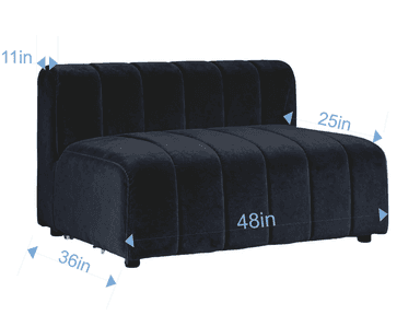 A dark navy blue velvet, armless seating unit featuring vertical channel tufting on both the backrest and seat, designed as a modular component for a sofa or sectional. It measures 48 inches wide, 36 inches deep, and 25 inches high. — 3D model