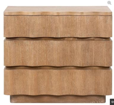 A compact, light-colored wooden nightstand featuring three drawers with distinct wavy fronts, resting on a recessed plinth base. — 3D model