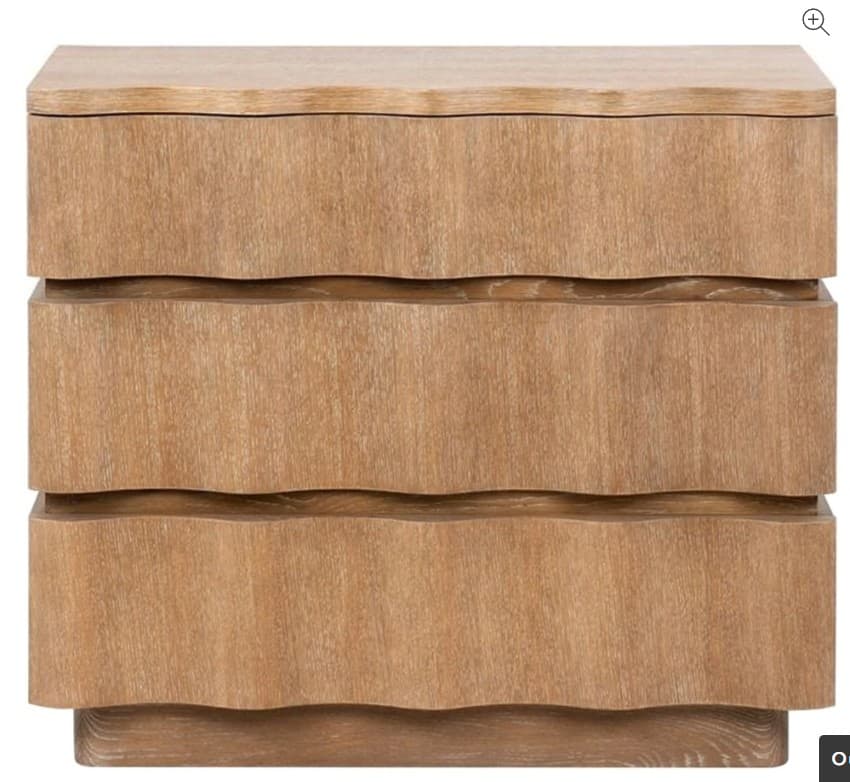 A compact, light-colored wooden nightstand featuring three drawers with distinct wavy fronts, resting on a recessed plinth base. — 3D model