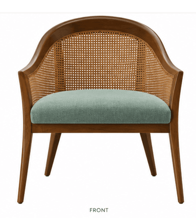 A medium-brown wooden armchair featuring a curved backrest and integrated armrests. The backrest is crafted from woven cane, providing a light, breathable texture. The chair is supported by four tapered, splayed legs. The overall design suggests a Mid-Century Modern aesthetic. — 3D model