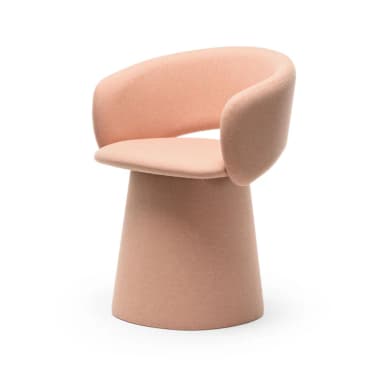 A contemporary accent chair with a rounded, embracing backrest and a curved open front. The seat is integrated with the backrest, forming a continuous shell. The chair stands on a solid, flared pedestal base, resembling an inverted truncated cone. — 3D model