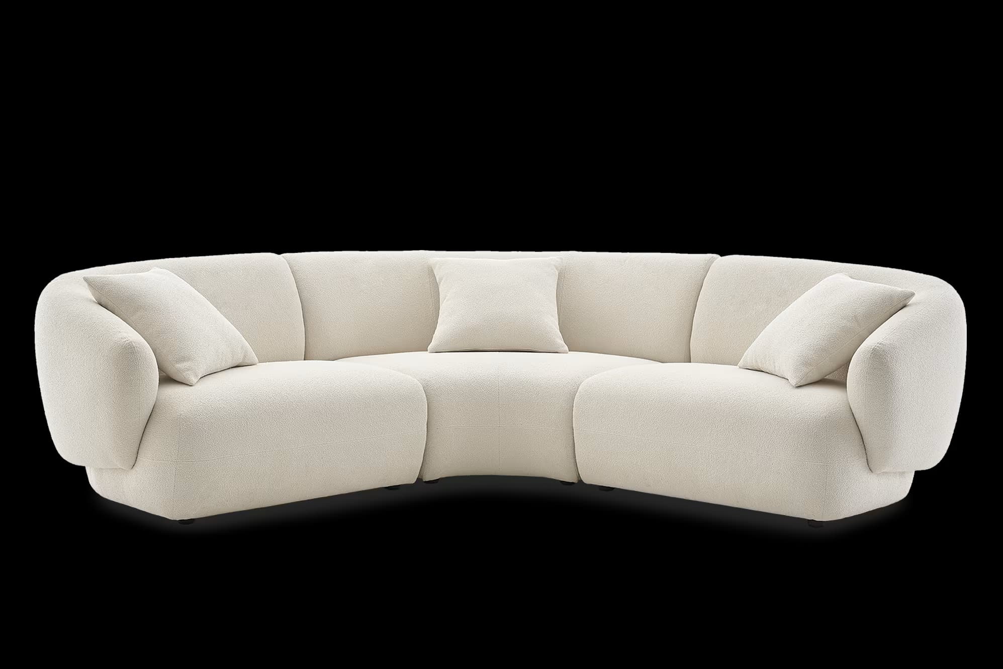 A large, contemporary curved modular sectional sofa upholstered in a cream-colored bouclé fabric, featuring soft, organic lines and integrated armrests. — 3D model