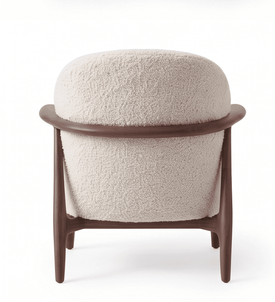 A contemporary lounge chair featuring a sturdy dark wood frame and plush, off-white boucle upholstery. The design incorporates a rounded backrest and integrated armrests, providing a comfortable and enveloping seating experience. The wooden frame includes elegantly tapered legs, contributing to its modern aesthetic. The chair is presented against a clean white background, highlighting its form and texture. — 3D model