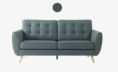 A contemporary two-seater sofa upholstered in a light gray fabric, featuring a clean-lined design with gently rolled arms and tapered wooden legs. The back cushions are distinctively tufted with button details, providing both aesthetic appeal and structured support. The sofa's dimensions are provided as 185cm wide, 92cm deep, and 88cm high, with a seat height of 44cm and leg height of 15cm. — 3D model