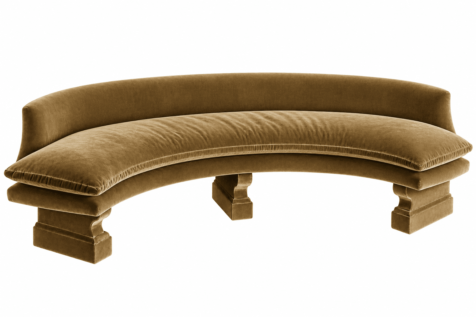 A contemporary curved sofa upholstered in a rich, olive brown velvet fabric, featuring a continuous backrest and a deep, single seat cushion. The sofa is supported by two substantial, fluted or pedestal-style bases, also covered in matching velvet, adding a sculptural quality to the design. — 3D model