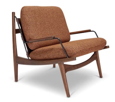 A mid-century modern armchair featuring a wooden frame, upholstered seat and backrest, and leather straps. The armchair has a distinctive silhouette with angled legs and armrests. The backrest is supported by a woven leather panel and held in place by adjustable leather straps with brass buckles. The seat and back cushions are upholstered in a textured, woven fabric. — 3D model