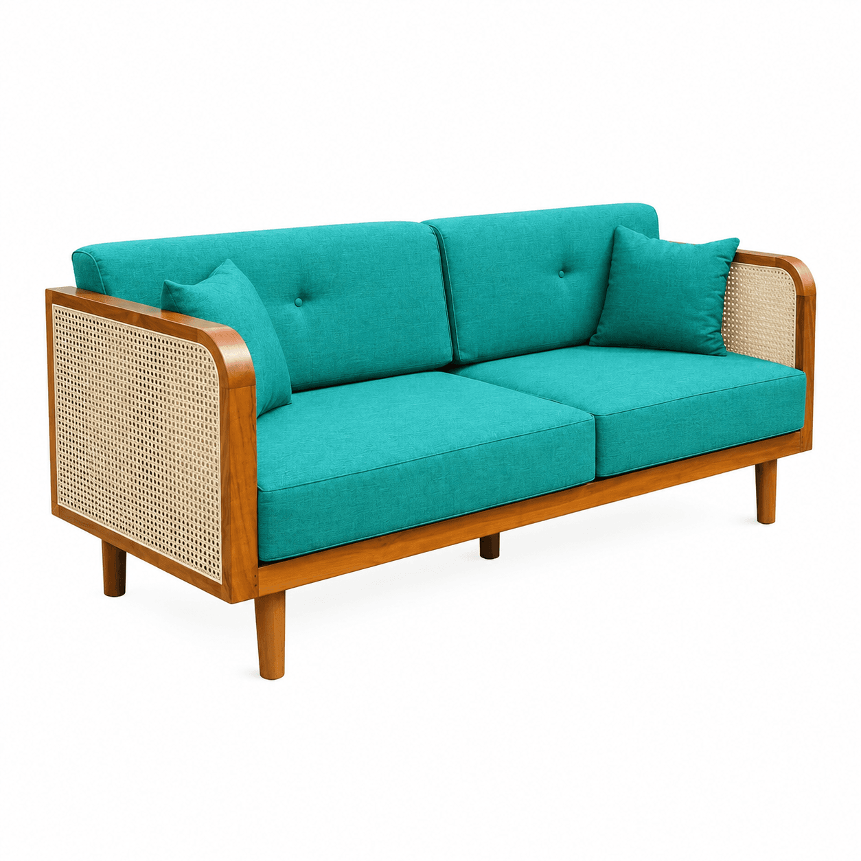 A two-seater sofa featuring a natural teak wood frame, woven rattan side panels, and vibrant teal fabric cushions. The design incorporates mid-century modern elements with clean lines and tapered legs. — 3D model