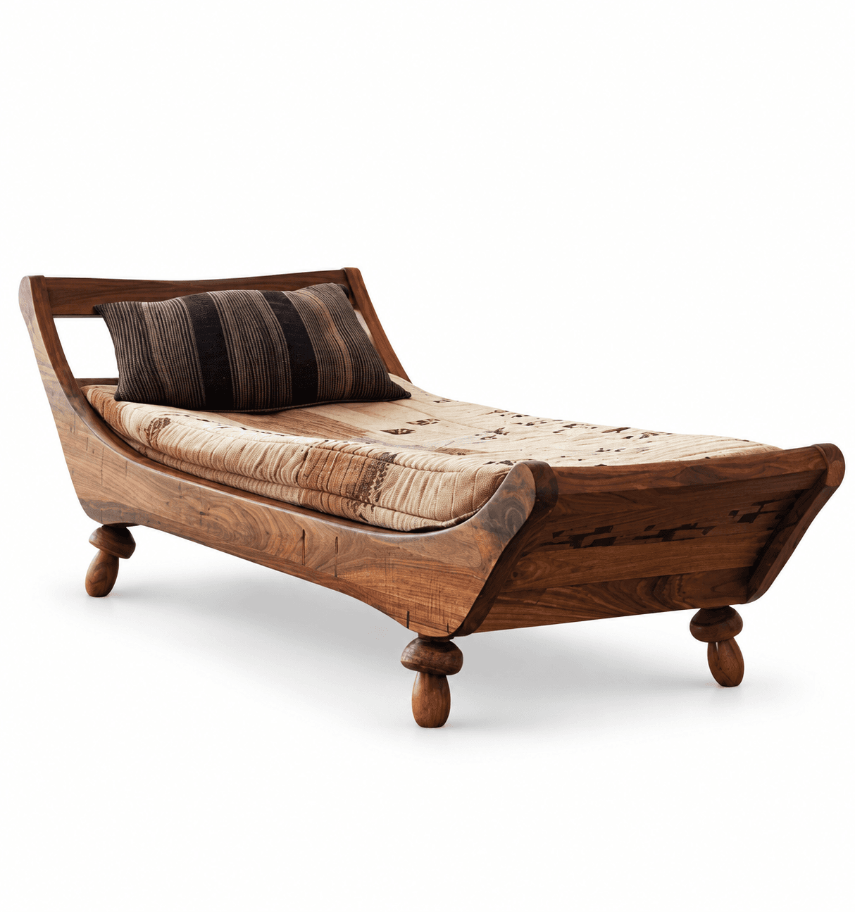 A beautifully crafted solid wood chaise lounge featuring a deeply curved frame and ornate turned legs. It is fitted with a padded fabric cushion and a striped accent pillow, presenting a traditional, possibly ethnic, aesthetic. — 3D model