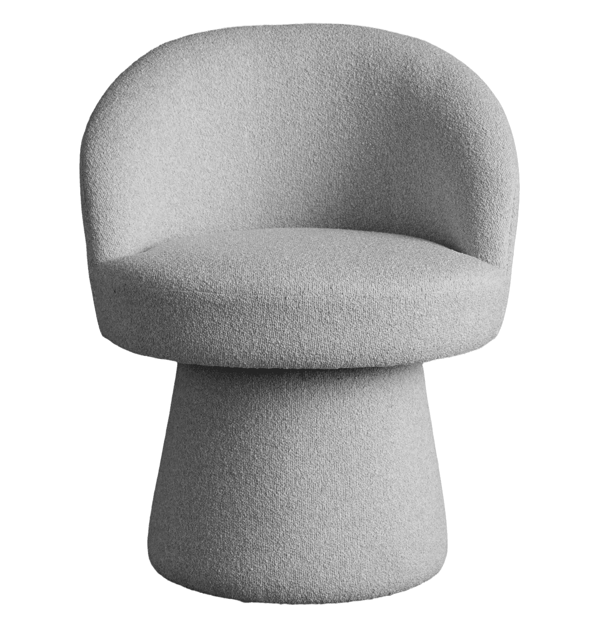 A modern accent chair with a rounded, enveloping backrest and a generously padded seat. The chair features a distinctive pedestal base, giving it a sculptural and contemporary appearance. The upholstery has a textured boucle-like finish. — 3D model