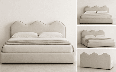 A contemporary upholstered platform bed featuring a distinctive wavy headboard. The entire frame, including the headboard and side rails, is covered in a light beige or cream fabric. The bed has a low-profile design, typical of a platform bed, with a mattress and bedding (pillows, sheets, and a throw blanket) in matching neutral tones. The aesthetic is minimalist and modern. — 3D model