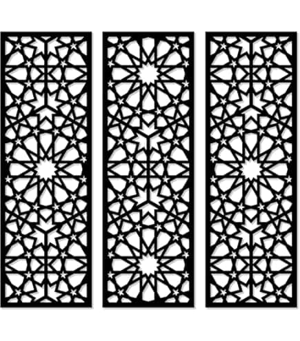 Three vertically oriented panels forming a room divider. Each panel features a repeating geometric pattern reminiscent of Islamic arabesque designs. The pattern is composed of interlocking stars and polygons, creating a lattice-like effect.  The panels appear to be made of a single material, with cut-outs forming the design. The overall appearance is flat, suggesting a thin material. — 3D model