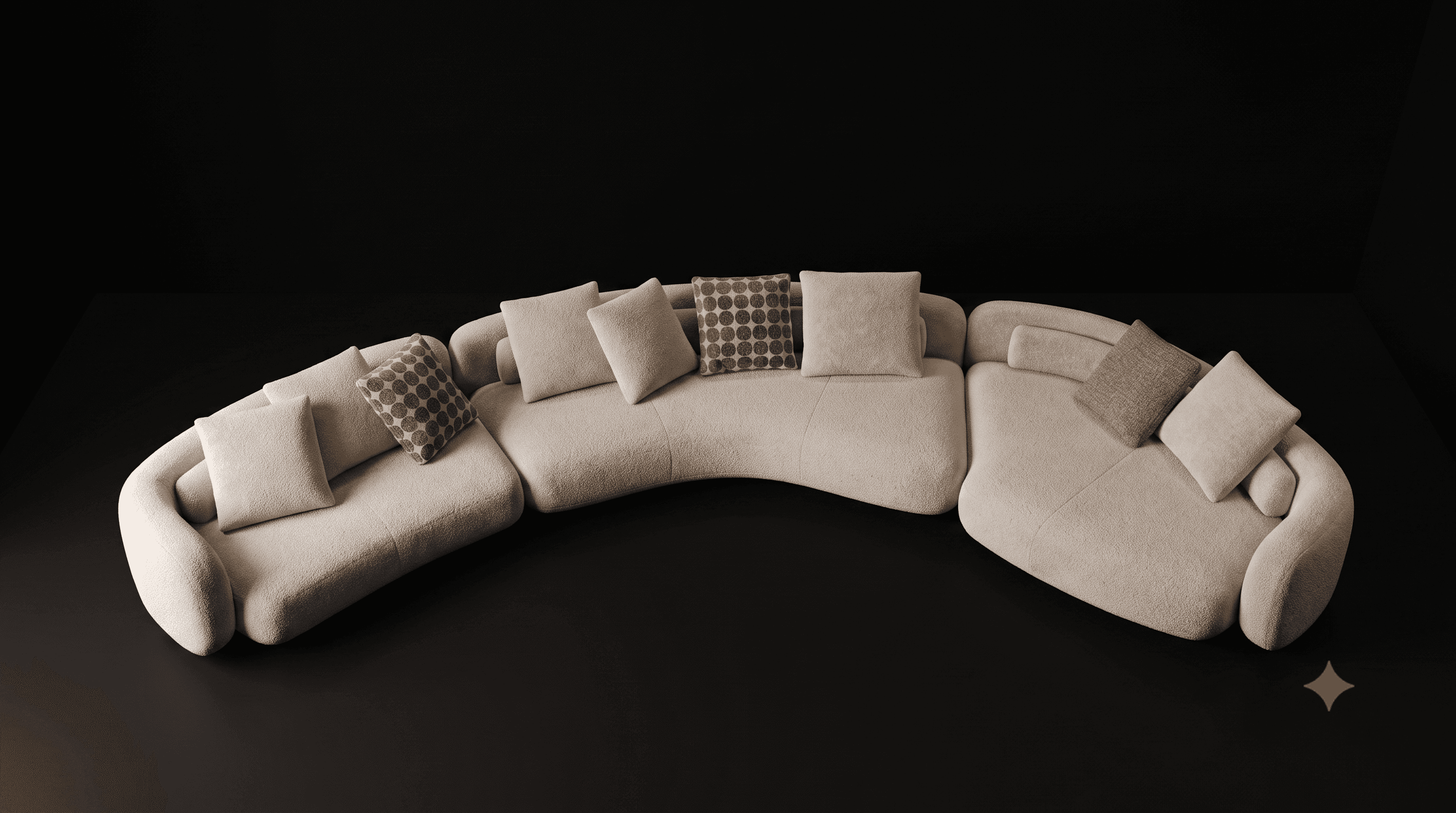 A large, modular sectional sofa featuring a distinctive curved silhouette. The sofa is upholstered in a light beige or cream bouclé fabric, providing a highly textured and plush appearance. It consists of multiple sections that together form a flowing, serpentine shape. The backrests and armrests are integrated into the continuous form, maintaining a soft, rounded profile. Various throw pillows, some matching the main upholstery and others in patterned or contrasting solid colors, are placed along the backrests. — 3D model