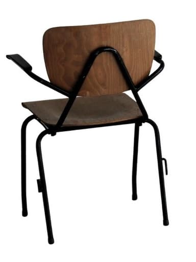 A vintage armchair with a bentwood seat and backrest. The frame and legs are made of black metal tubing, and it features black armrest pads. The seat and backrest show a visible wood grain pattern, suggesting a plywood or laminate construction. — 3D model