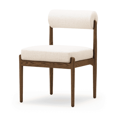 A modern armchair with a wooden frame and upholstered seat and backrest. The frame is constructed from dark stained wood, featuring four legs and a supportive structure for the seat. The seat is generously padded and covered in a textured, off-white fabric. The backrest is a distinct circular cushion, also upholstered in the same off-white fabric, supported by a slender wooden upright extending from the rear of the seat frame. — 3D model