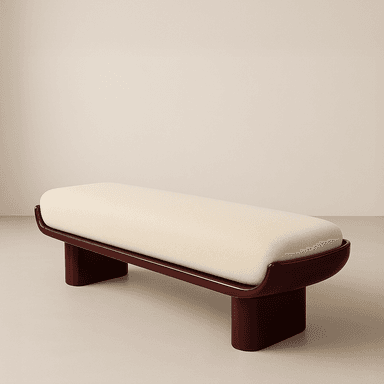 A close-up view of a modern upholstered ottoman, featuring a cream-colored cushion nestled within a distinctive dark reddish-brown, high-gloss lacquered wood frame. The frame has smooth, rounded edges and a solid, block-like base. — 3D model