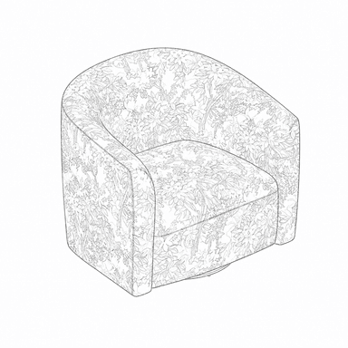 An upholstered barrel-shaped armchair with a continuous back and armrests, featuring a floral pattern on light gray fabric and a visible swivel base. — 3D model