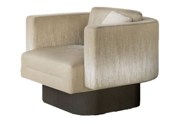 A contemporary upholstered armchair with a rounded back and integrated arms, featuring a deep seat cushion and resting on a dark, textured, rectangular swivel base. — 3D model
