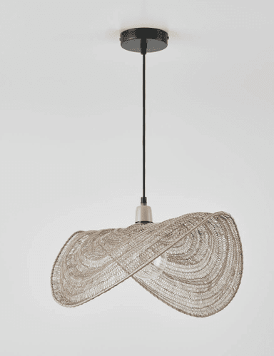 A pendant light featuring a unique, wavy, organic-shaped shade made from a woven textile or natural fiber, suspended by a black cord and ceiling plate. — 3D model