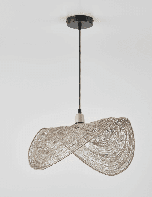 A pendant light featuring a unique, wavy, organic-shaped shade made from a woven textile or natural fiber, suspended by a black cord and ceiling plate. — 3D model