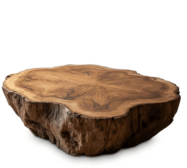 A low-profile coffee table crafted from a thick, natural cross-section of a tree trunk, featuring a smooth, polished top surface that showcases intricate wood grain patterns and distinct growth rings. The sides retain the raw, organic 'live edge' of the tree bark, giving it a rustic yet modern aesthetic. — 3D model