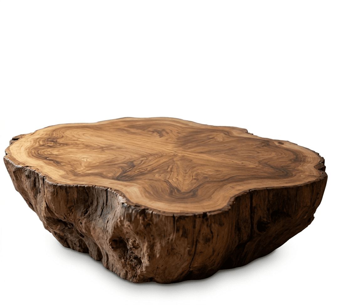 A low-profile coffee table crafted from a thick, natural cross-section of a tree trunk, featuring a smooth, polished top surface that showcases intricate wood grain patterns and distinct growth rings. The sides retain the raw, organic 'live edge' of the tree bark, giving it a rustic yet modern aesthetic. — 3D model