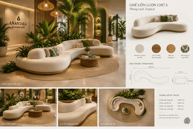A large, multi-segment sectional sofa featuring an organic, curvilinear form. The sofa is upholstered in a light, textured fabric, likely a boucle or similar, in an off-white or cream color. It sits on a distinct wooden trim base that follows the contours of the sofa. Several throw pillows in varying shades of green, including a patterned one, are placed on the sofa, suggesting comfort and an accent to its minimalist design. — 3D model
