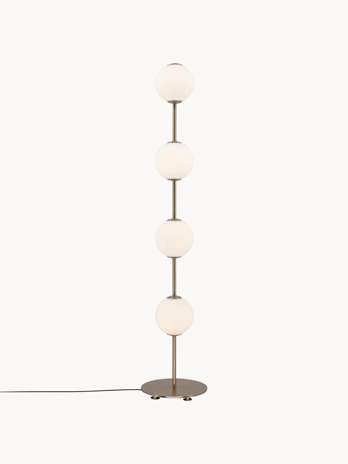 A floor lamp with a circular base, a vertical stem, and four spherical white frosted glass shades stacked vertically along the stem. The lamp has a metallic finish and is connected to a power cord. — 3D model