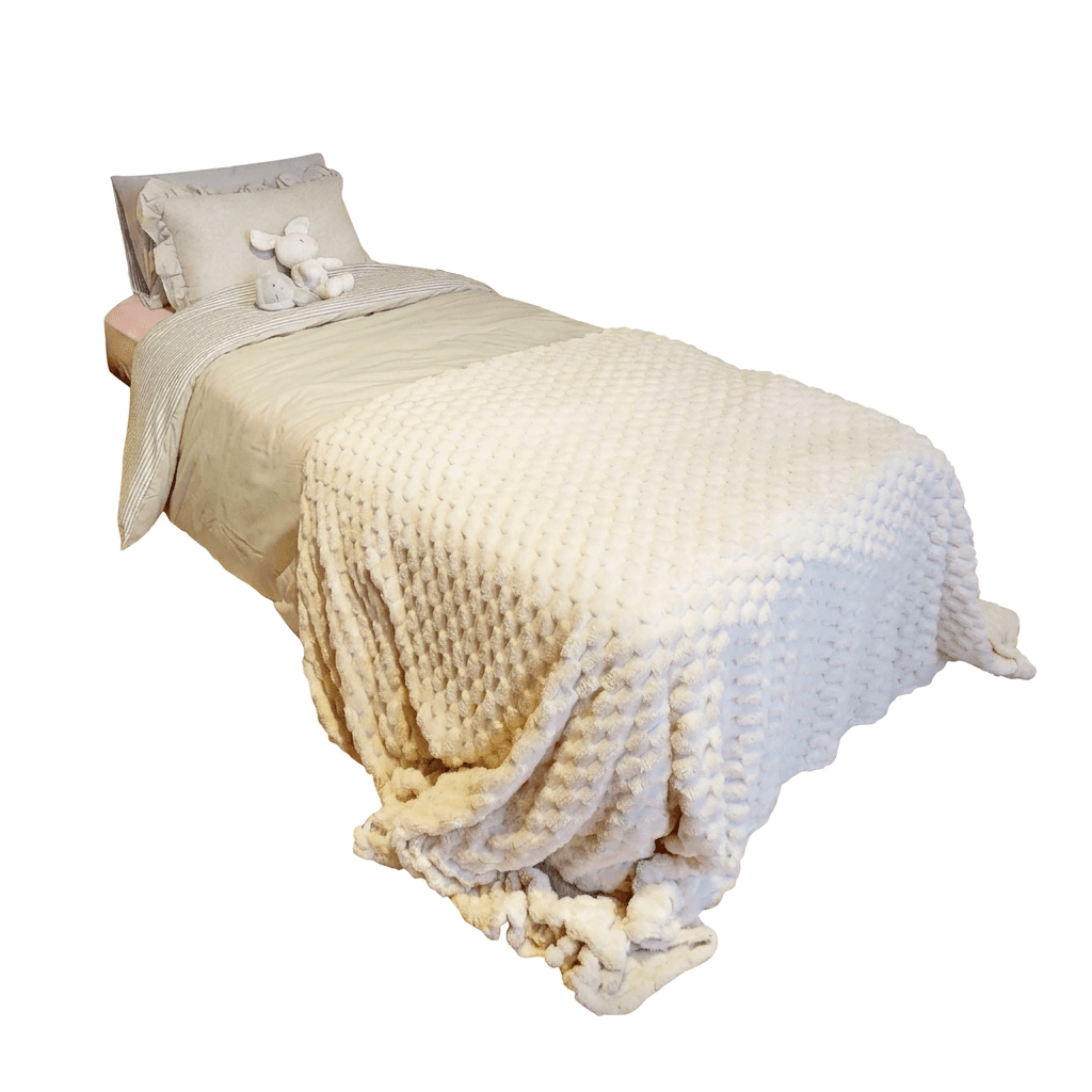 A fully made twin-sized bed featuring layered bedding in neutral tones. The bed includes pillows with ruffled edges, striped sheets, a plain beige duvet or comforter, and is topped with a thick, textured cream-colored blanket with a bobble or pom-pom surface. A small stuffed animal rests on the pillows. The bed frame is minimally visible, appearing to be a simple, low-profile design with a hint of a light pink base. — 3D model
