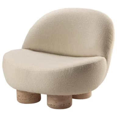 A low-slung, armless lounge chair with a rounded, organic form, upholstered entirely in a textured cream boucle fabric. It rests on three chunky, cylindrical legs made from natural travertine stone. — 3D model