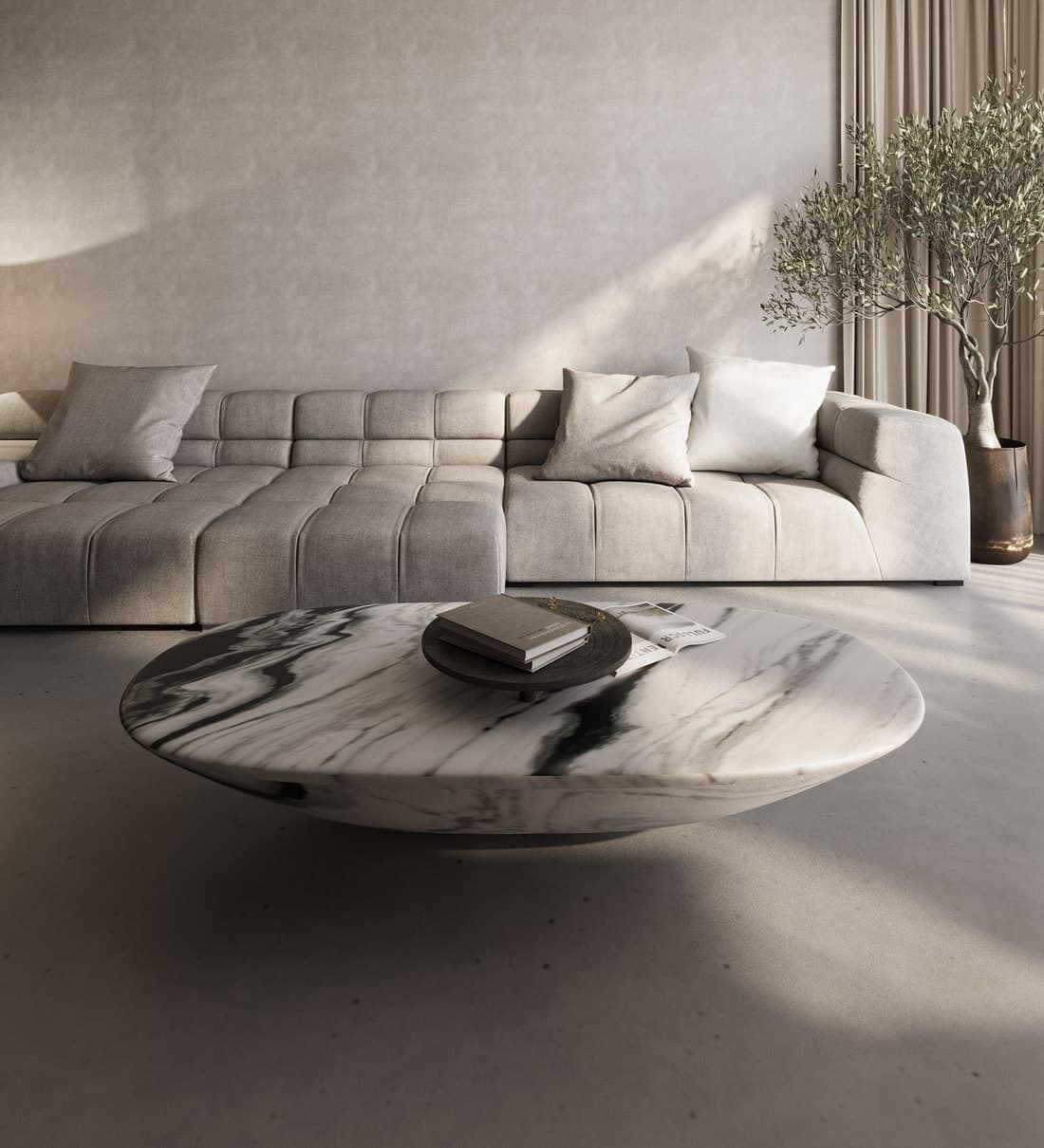 A low-profile, oval-shaped coffee table featuring a top made of white marble with prominent black veining, supported by a simple, dark-colored cylindrical pedestal base. — 3D model